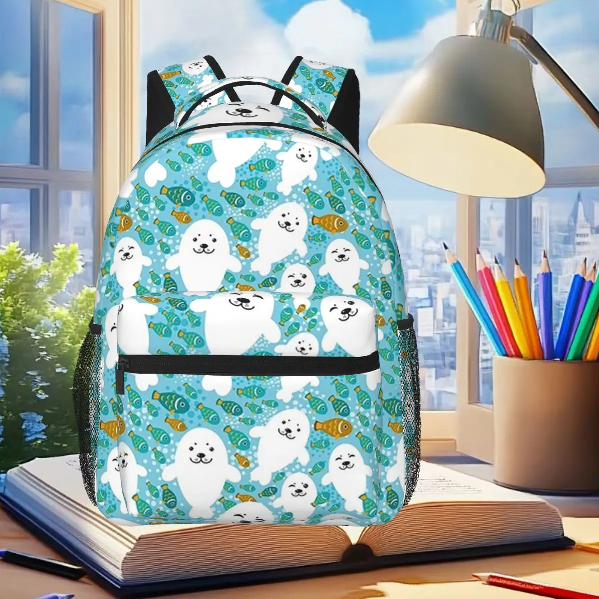 

Kawaii Cute Seal And Fish In Water Backpack Student Boys Girls BookBag Children School Bag Laptop Shoulder Bags for Men Women