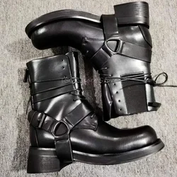 Black Lace Up Short Boots Men's Genuine Leather High Quality Handmade Boots Brand Design Fashion New Chunky Heel Ankle Boots