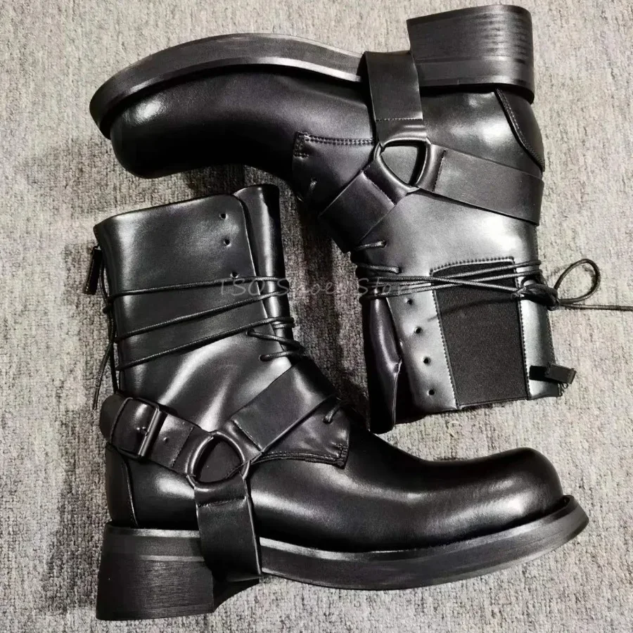 Black Lace Up Short Boots Men's Genuine Leather High Quality Handmade Boots Brand Design Fashion New Chunky Heel Ankle Boots