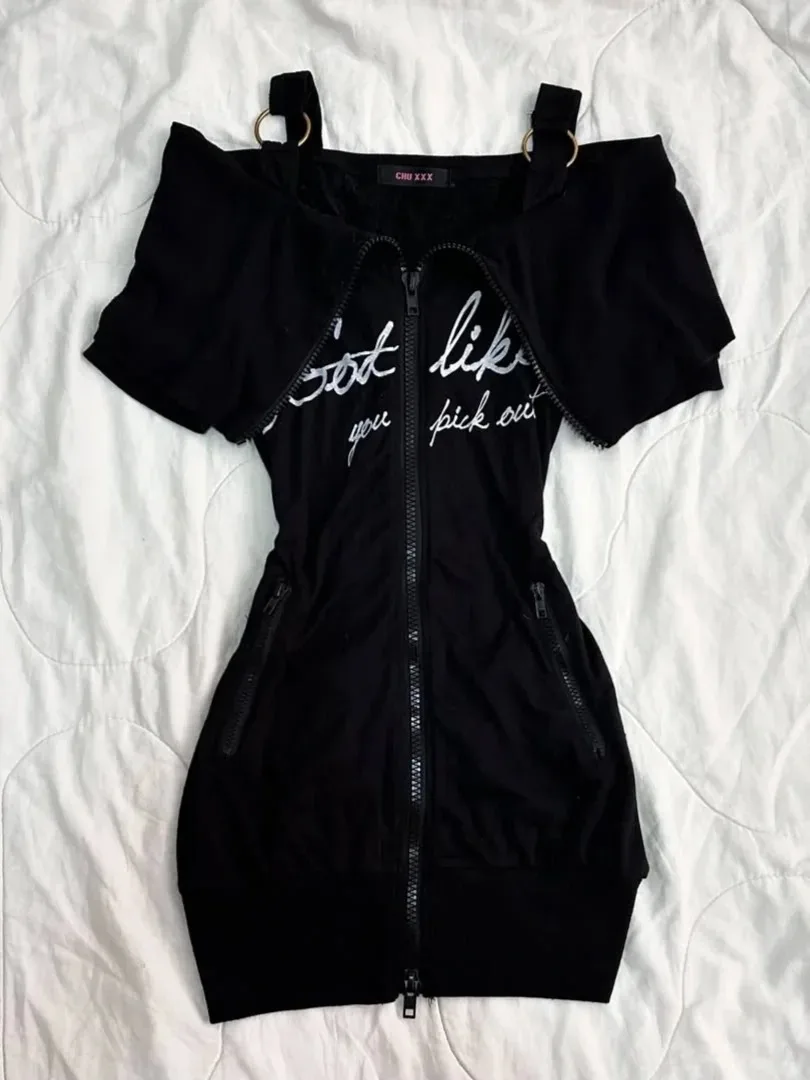 Goth Sling Sukienki Damskie Y2k Off Shoulder Slim Punk Vintage Slim Short Dress Estetyczna Harajuku Streetwear Grunge 2000s Summer