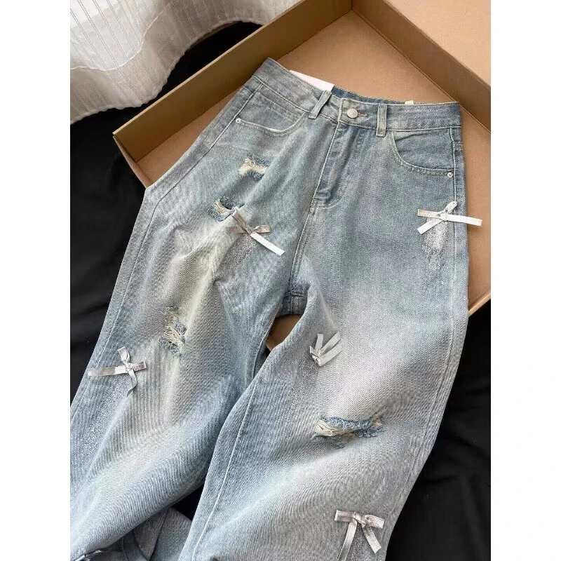 

2024 Blue Jeans Women High Waisted Baggy Pants Bow American Female Fashion Streetwear Denim Y2K Straight Wide Leg Trouser