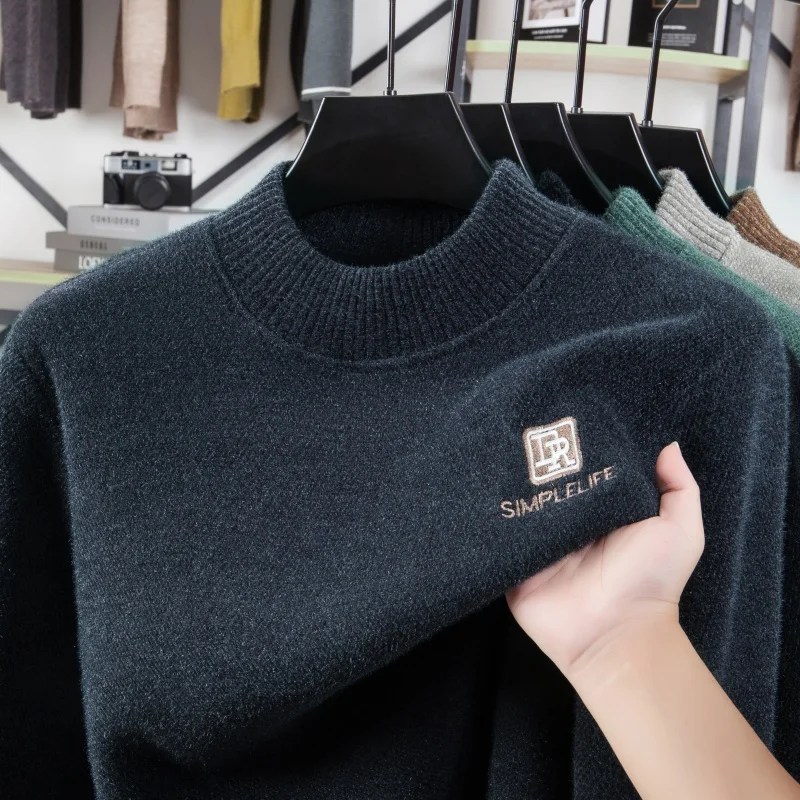 Men's Autumn Winter Long Sleeves Knit Sweater Round Neck Mink Fleece Embroidery Fleece-Lined Pullover Trend Leisure Fashion Tops