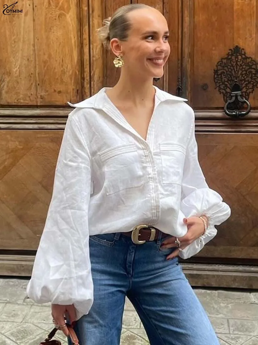 

Oymimi Fashion White Cotton Women's Shirt Elegant Puff Sleeve Single Breasted Blouses Casual New Pockets Solid Shirts Female