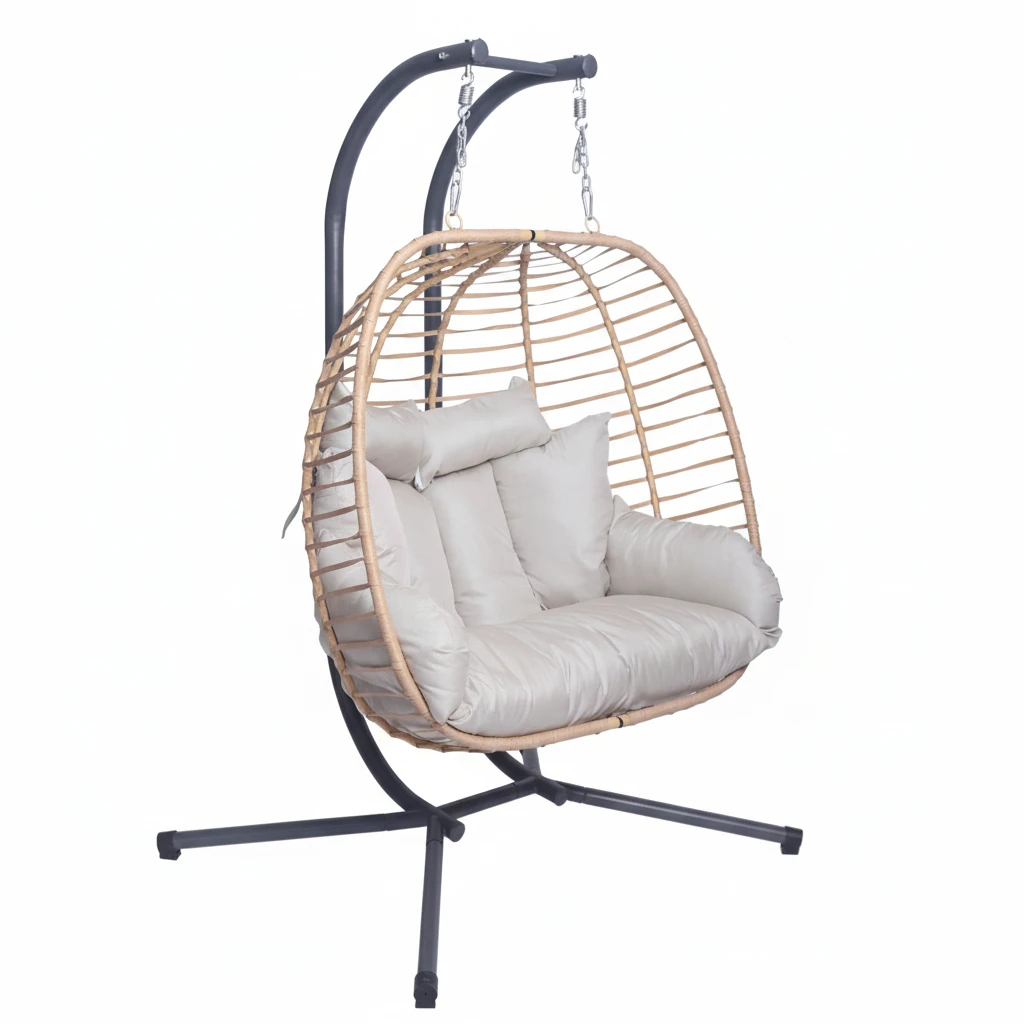 

Luxury Outdoor Balcony Courtyard Furniture Patio Swing Rattan Wicker Durable Folding Portable Double Egg Chair with Metal Standp