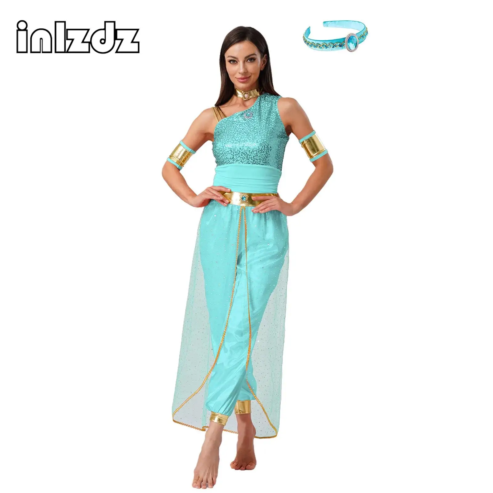 

Womens Festival Arabian Princess Costumes Indian Dance Gem Decor Jumpsuit with Headwear And Sleeves Halloween Cosplay Outfit