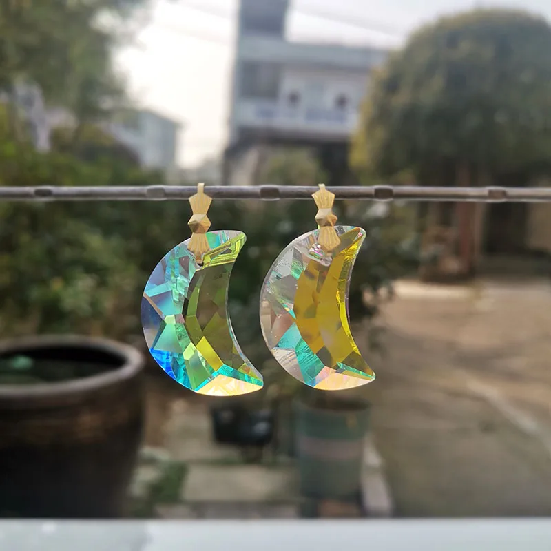 2pcs Crystal Suncatcher Rainbow Maker Moon Sun Catcher Hanging Pendant Ornaments Chandelier Prism Beads Part Home Window Decor