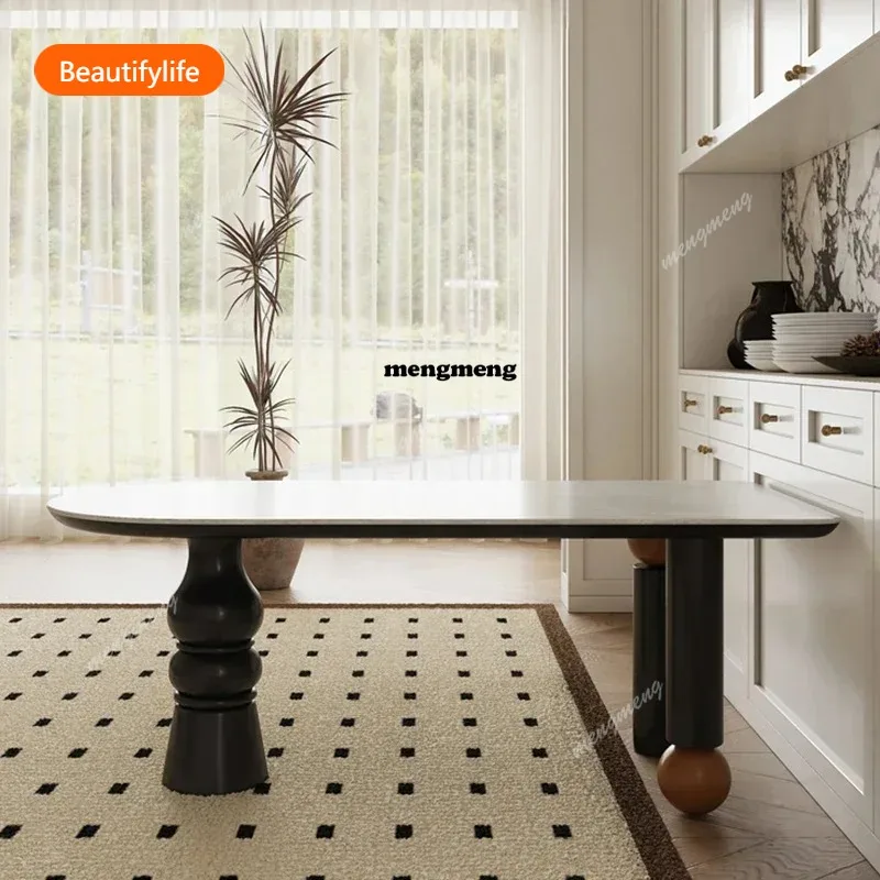 French Vintage Solid Wood Dining Table Originality Semi-ellipse Rock Plate High-end Dining Table Home Furniture Mesa Comedor