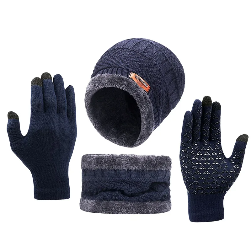 2025, Winter-Strickmütze, Hals-Handschuh-Set, dreiteilige warme Strickmütze aus Wolle, rutschfestes Touchscreen-Handschuh-Set