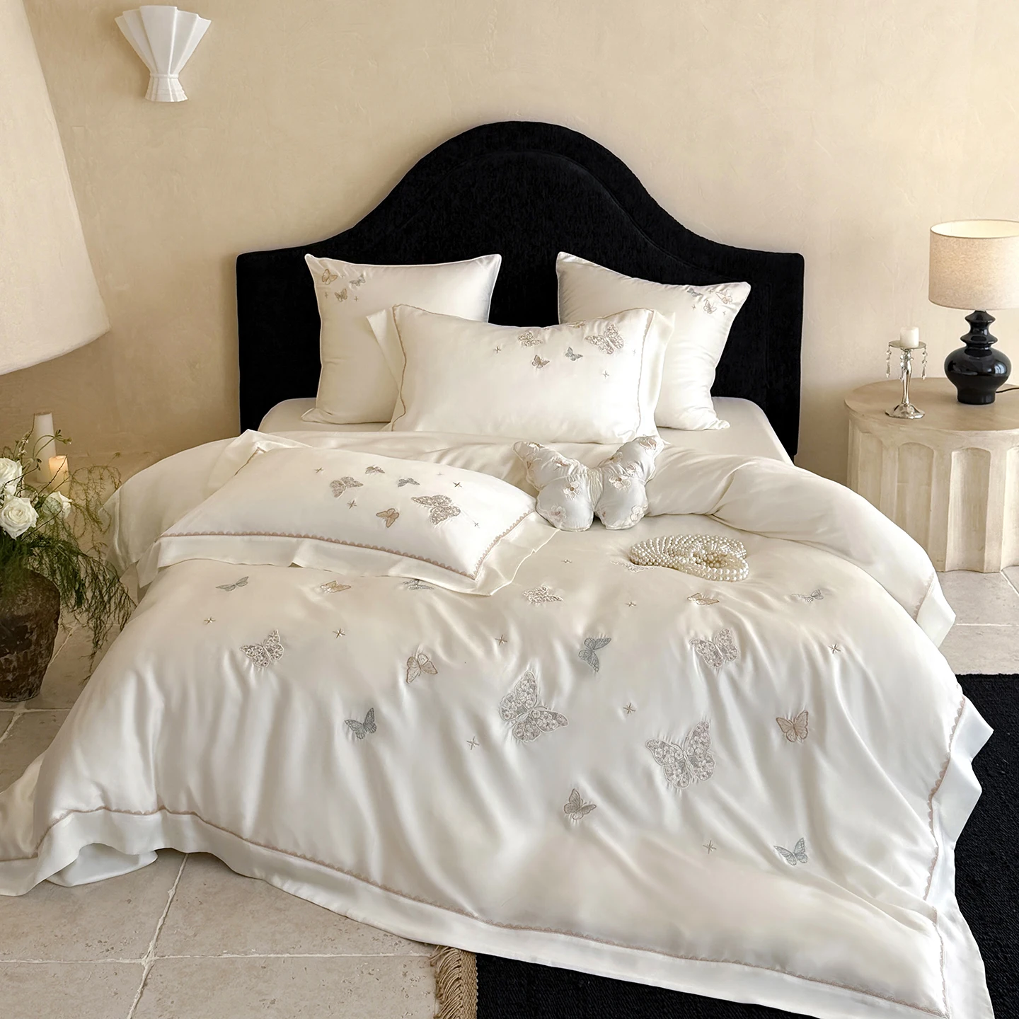 800TC Lyocell Eucalyptus Fiber Butterfly Embroidery Luxury Bedding Set Soft Silky Duvet Cover Flat/Fitted Bed Sheet Pillowcases
