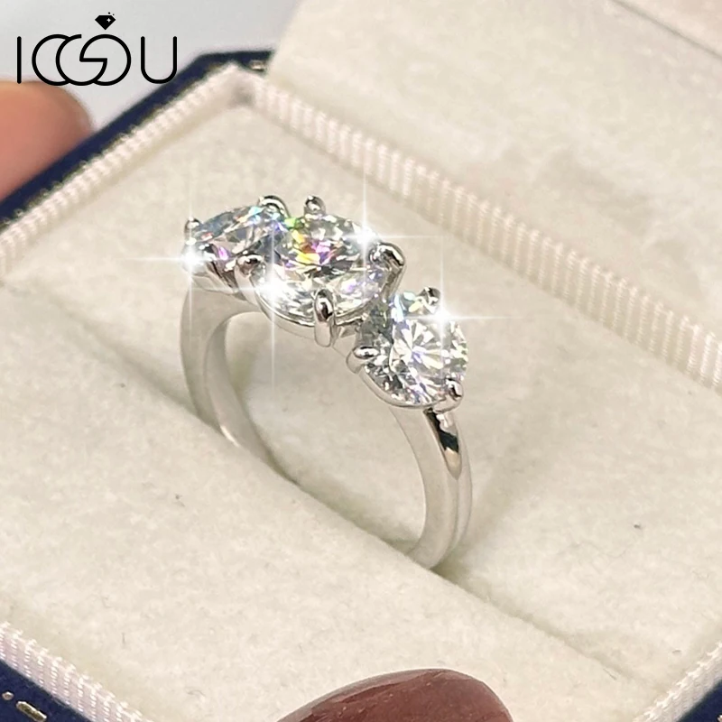IOGOU 8 mm 6,5 mm D-Farbe Moissanit-Ehering für Frauen, 4CTTW Labor-Imitationsdiamant, 3-Steine-Ring, 2CT 1CT GRA, Schmuck, Geschenke