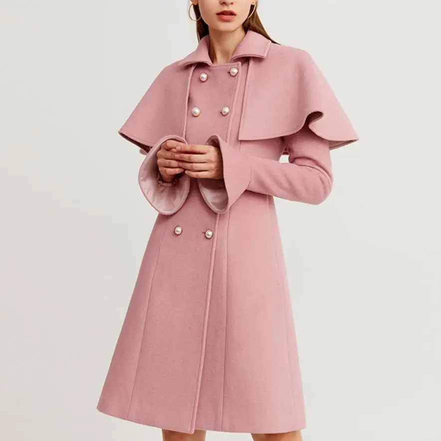 Cappotto da donna in lana doppiopetto con perle vintage soprabito rosa slim