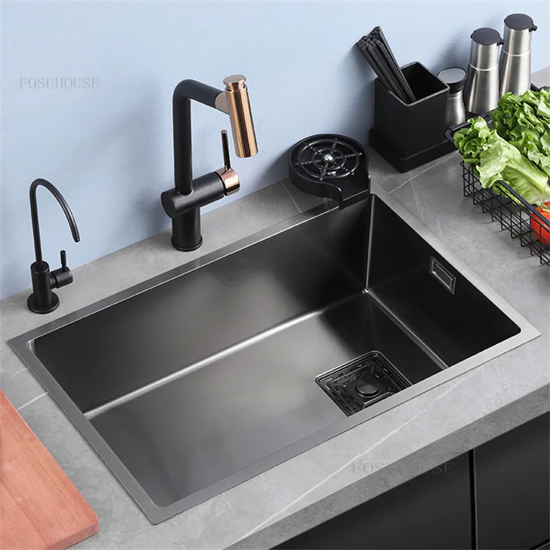 

Black Nano Kitchen Sinks 304 Stainless Steel Sink Japanese-style Large Single-slot Embedded Vegetable Basin Under Counter Basin