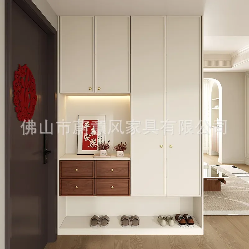 Solid Wood Oak Cream Style Shoe Cabinet Wall Mounted Entryway Storage Locker for Household Door Entrance Home Organization