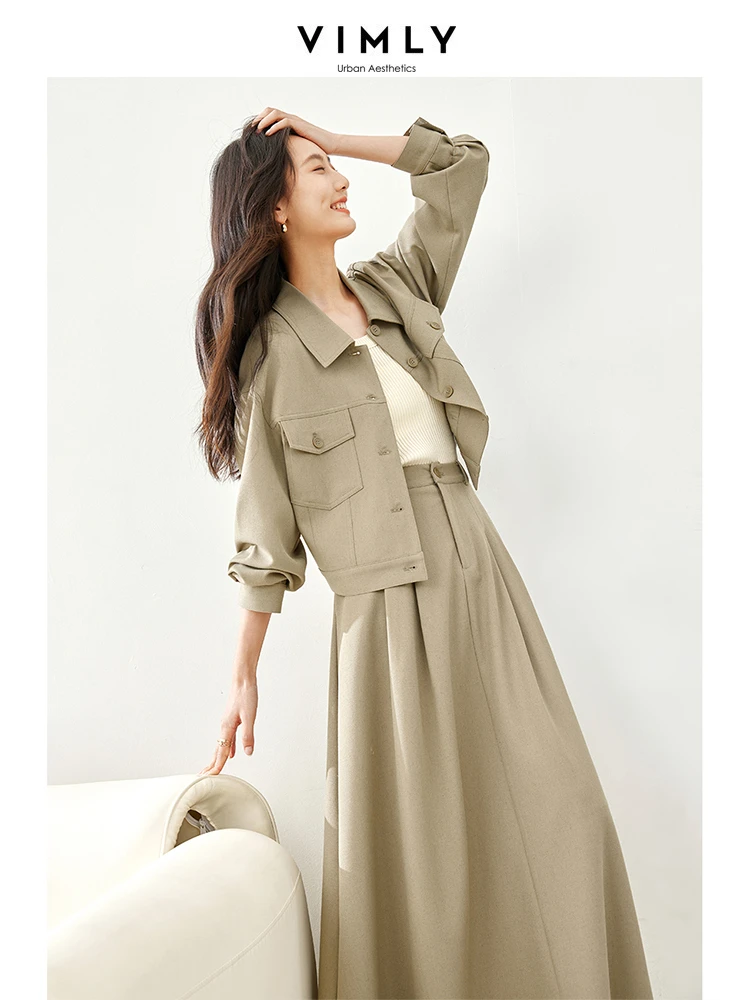 Vimly Linen Blend 2 Piece Sets Women Vacation Outfit 2024 Spring Clothing New in Matching Sets Crop Jacket Maxi Skirt Suit M5755