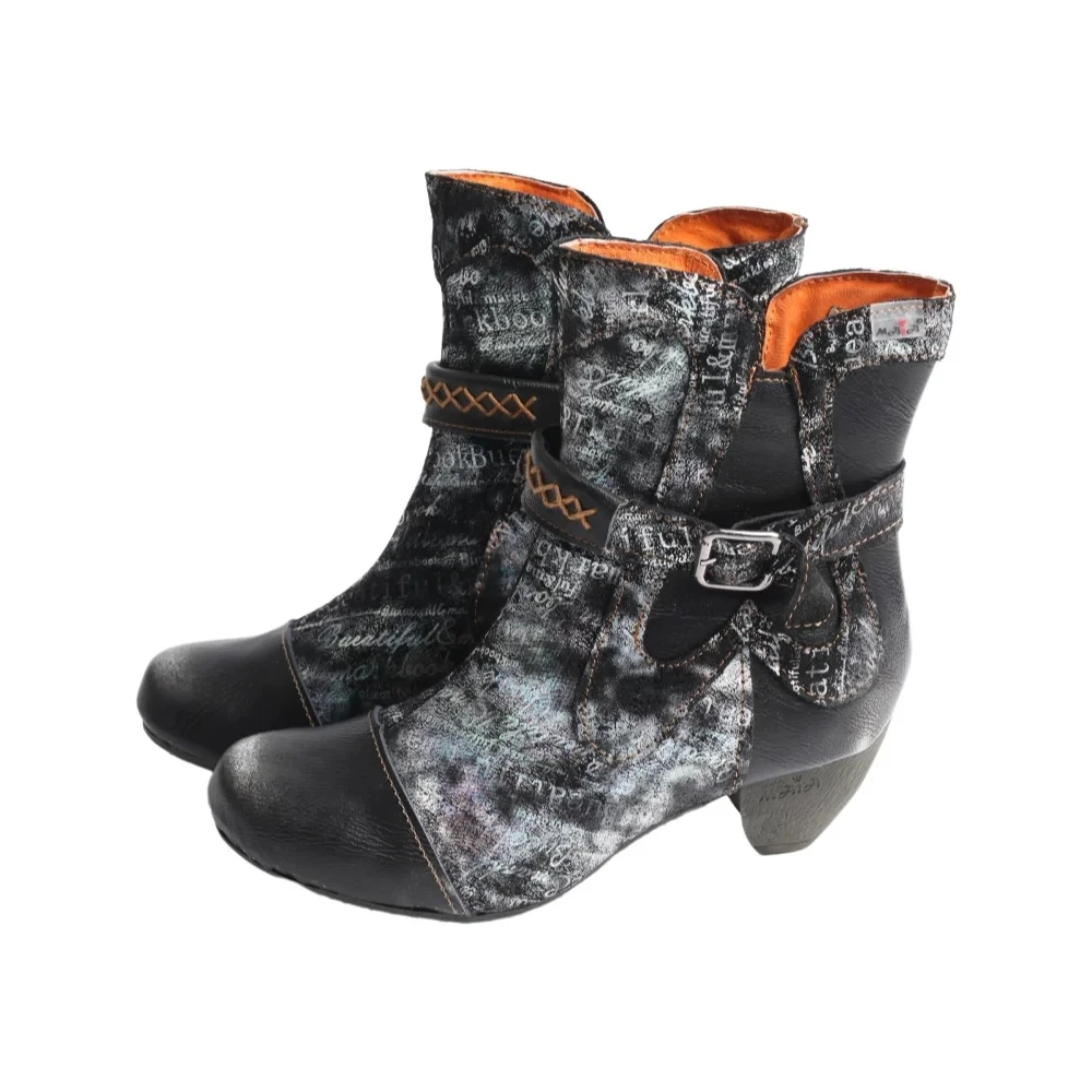 SHOELAND Autumn Classic Fashion Leather Printed Women's Low Heel Short Boots With Buckle