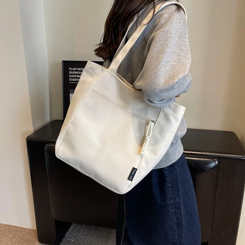 2024 New Solid Color Retro Canvas Shopping Bag Casual and Simple Korean Fashion Texture Tote Bag Student Portable Shoulder Bag