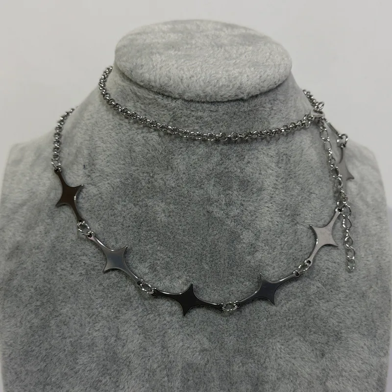Persönliche Punk-Halskette in Silberfarbe mit Sternen und Ketten aus Edelstahl für Damen, Halloween-Party, Traumhafter Stil, Choker-Schmuck