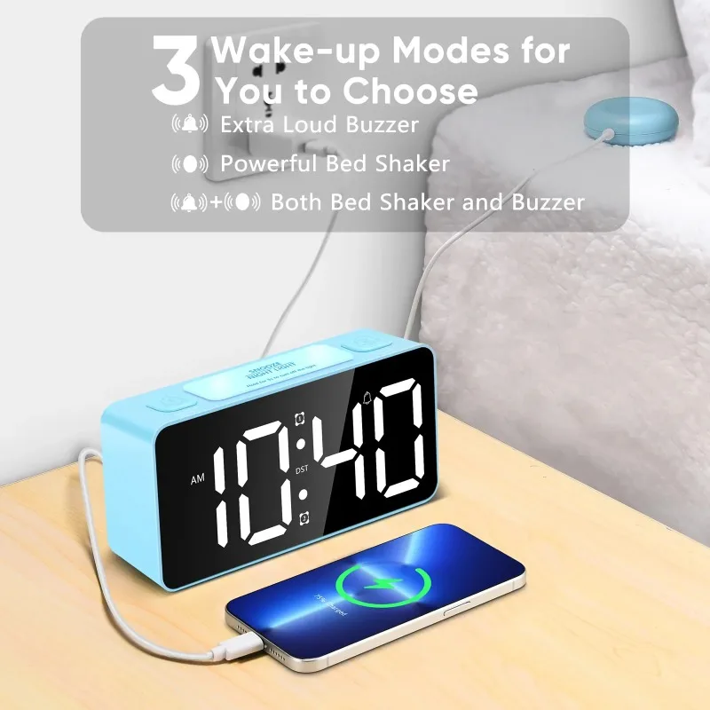 Creative Loud Vibration Alarm Clock Digital Led Mirror Clock With Bed Shaker Adjustable Brightness For Heavy Sleepers Adult Deaf