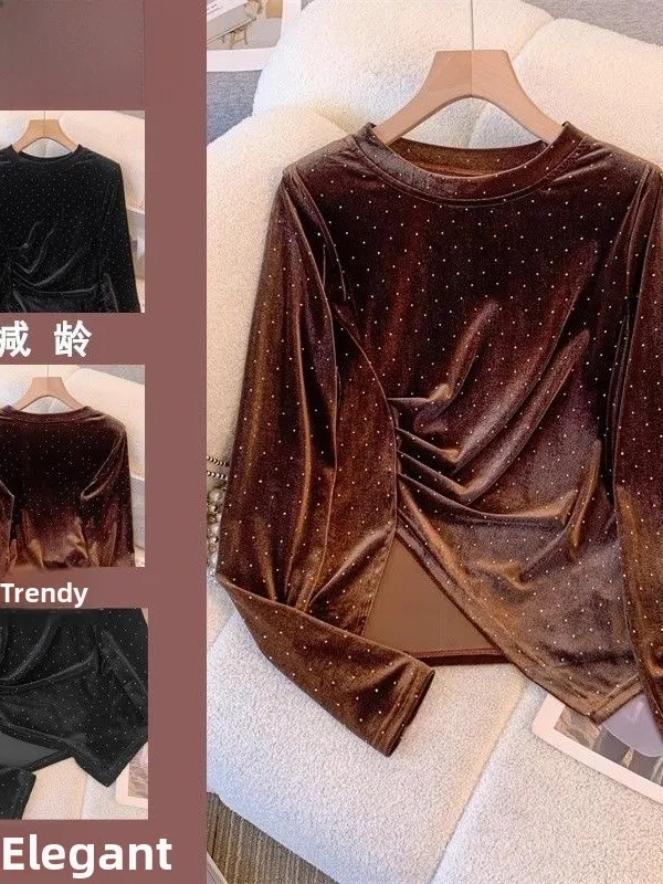

Retro Gold Velvet Long Sve Women's Base irt Faionable Diamond Embellied Folded Hem T-irt Ele Loose Fit irt