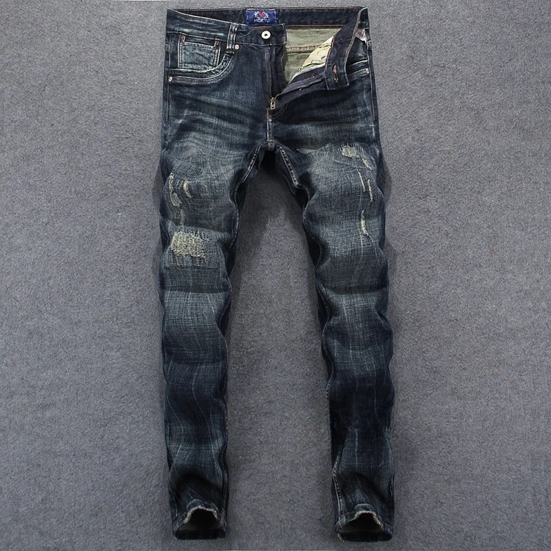 Designer Fashion Men Jeans High Quality Retro Black Blue Stretch Embroidery Patched Ripped Jeans Men Vintage Slim Denim Pants