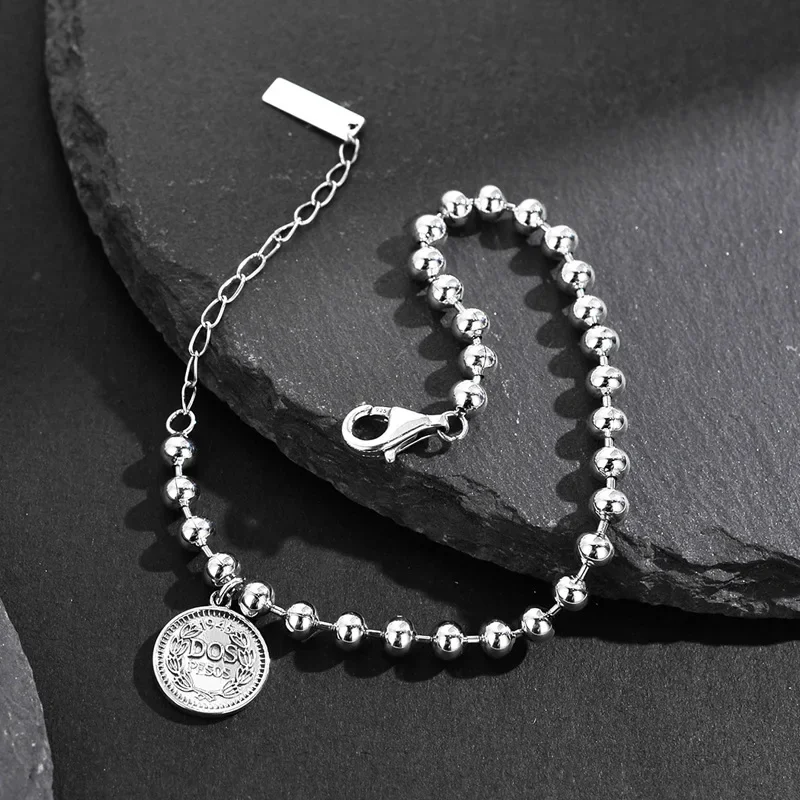 Ables Chic Solid 925 Silver Elizabeth Coin Ball Chain Statement Bracelet Y1S2B21015