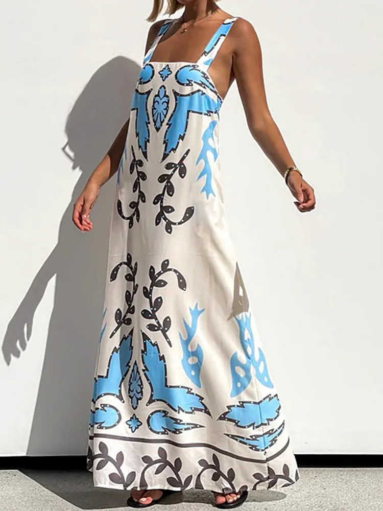 Vestido de fiesta elegante con tirantes finos para mujer, vestido largo con estampado de almazuela y cuello cuadrado, vestido sencillo sin mangas para mujer 2025