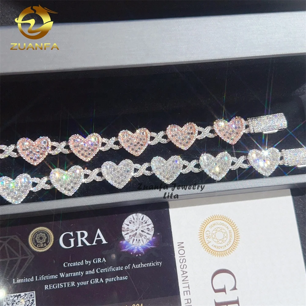 Quality Top Wholesale Price Hip Hop 14MM S925 VVS Baguette Moissanite Diamond Heart Design Chain Bracelet..