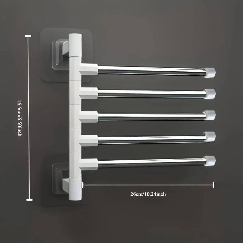 Stainless Steel No-Drill Towel Rack - 5 Swivel Bars, Wall Mount for Bath & Kitchen