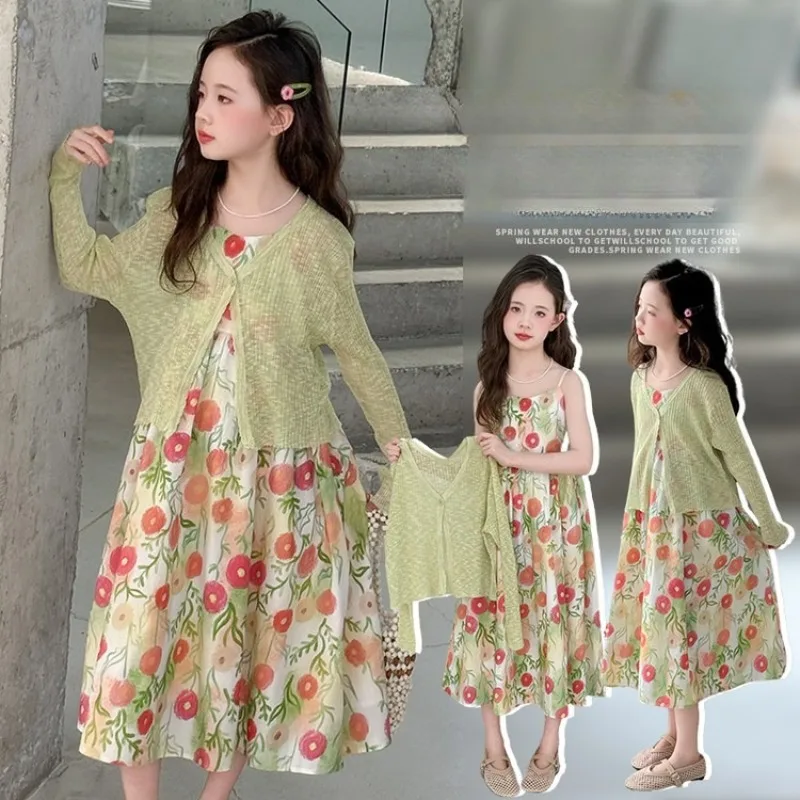 

Girls Summer Clothing Set Children Sweet Princess Spaghetti Strap Dress + Pure Cotton Air-Conditioning Cardigan Two-Piece Set
