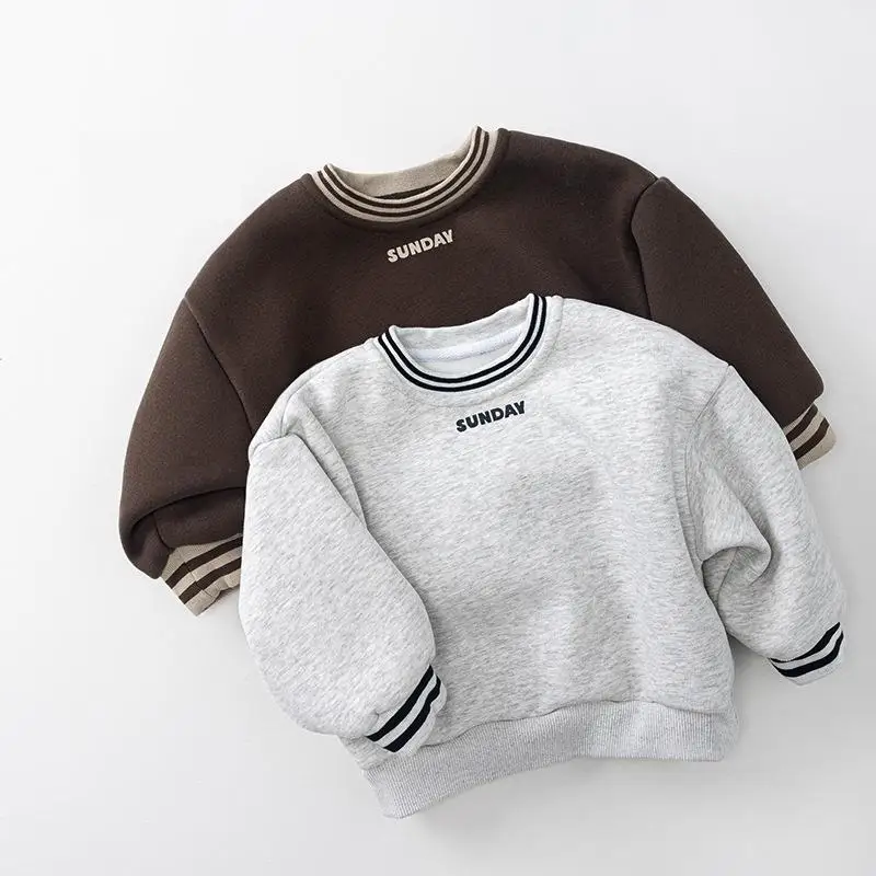 

2025 Winter New Children Fleece Sweatshirt Letter Print Girls Casual Pullover Plus Velvet Thick Kids Boys Cotton Warm Clothes