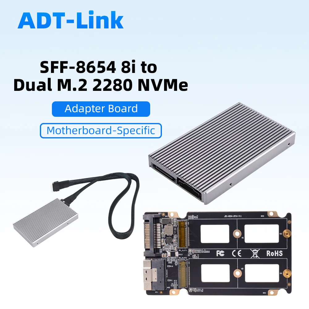 Tarjeta Adaptadora SlimSAS SFF-8654 / MCIO a Doble M.2 NVMe 2280 PCIe 4.0/5.0 Gen4 / 5 SSD HHD con Disipador de Calor y Expansión X4x4