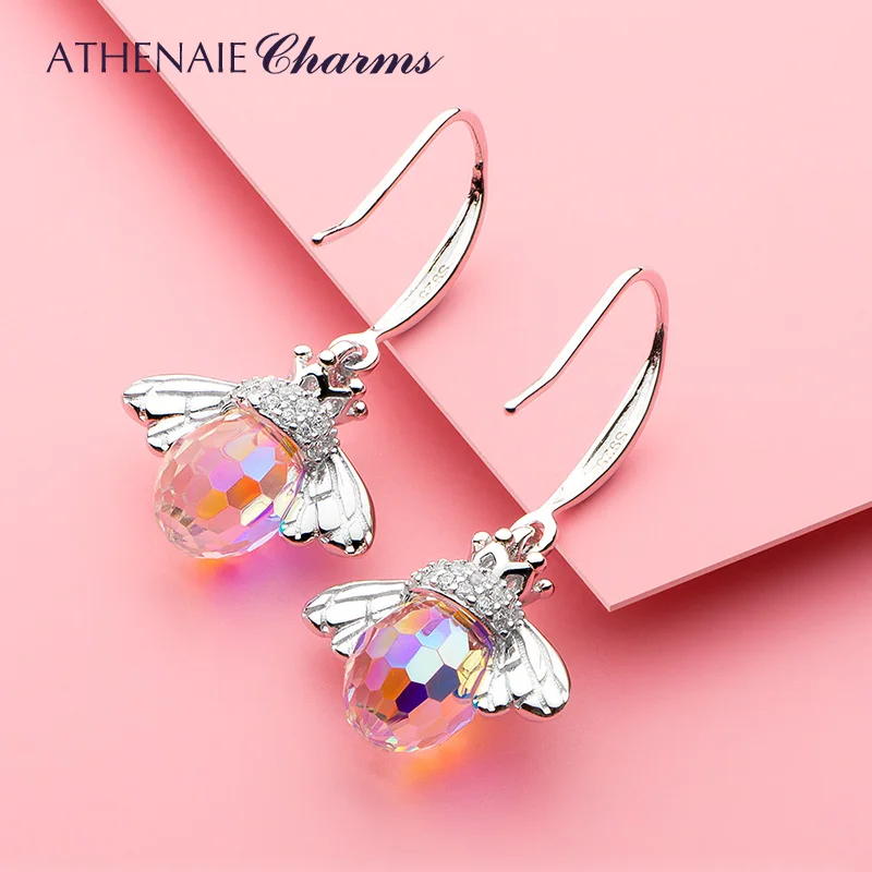 ATHENAIE 925 Sterling Silver and Crystal Lovely Double Queen Bee Drop Earrings Girl Gifts Fashion Female Party Birthday Jewelry