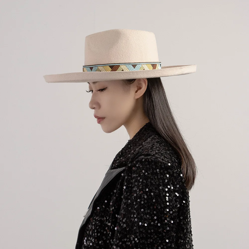 British Retro Embroidered Ribbon Wide Brim Wool Jazz Hat Outdoor Warm Felt Fedora Trendy