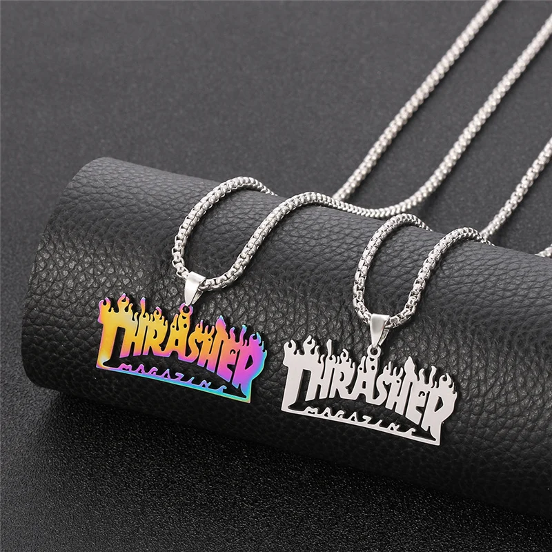 Tendência Hip Hop Aço Inoxidável Alfabeto Temperado Chama Pingente Colar Para Homens Mulheres Rua Personalidade Rock Jóias