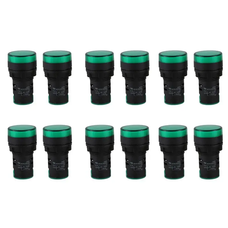 

AT02-12 Pcs AC220V Green LED Power Indicator Pilot Signal Light Lamp 22Mm Dia