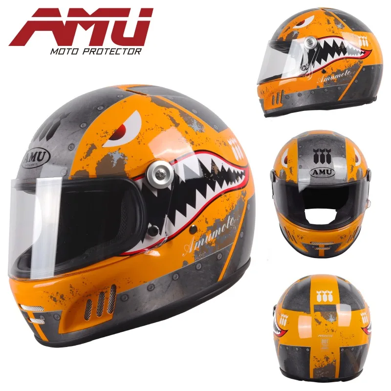 

AMU Fiberglass retro Motorcycle Helmet Capacete RAPID HD Anti-fog Full Face Motorbike Street Racing Helmets Cascos Para Moto