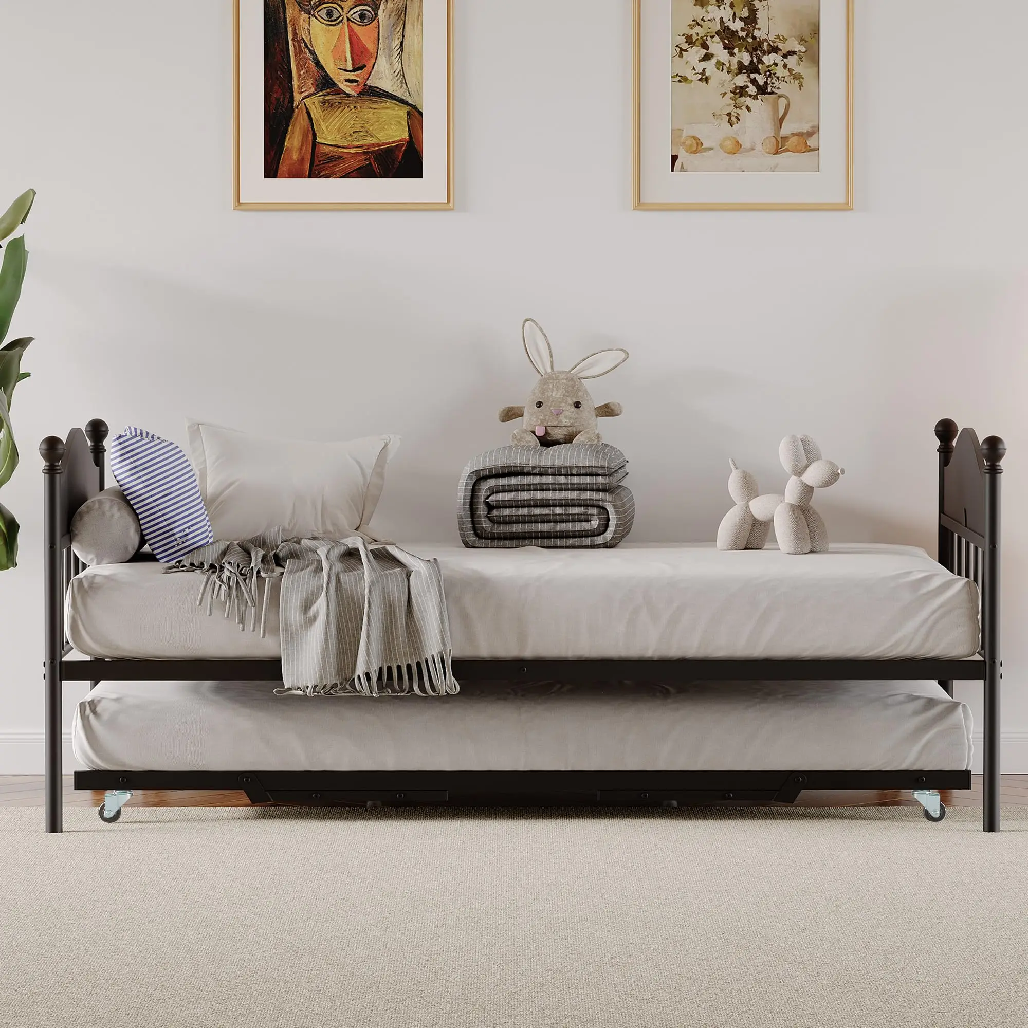 GarveeLife Twin Daybed with Trundle, Twin Bed Frame with Sturdy Metal Foldable Trundle, Sofa Bed with Stylish Headboard for Living Room, Bedroom and Guest Room