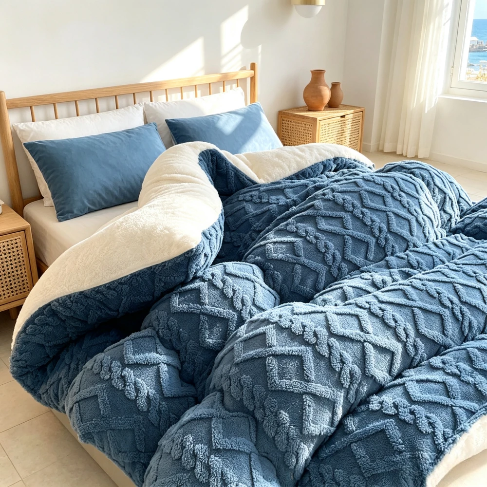 1PC Taffeta Plush Comforter 3D Rhombus Jacquard Winter Quilt Sherpa Lined Thick Warm Fluffy Bedding Heavyweight Bed Quilt for Bedroom Dorm Multiple Sizes