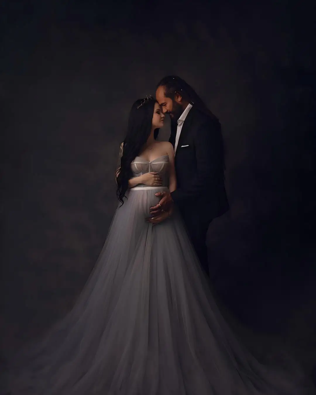 Strapless Smoke Gray Photoshoot Gown for Babyshower or Party Woman Maternity Dress A-Line Corset Tulle Mommy and Baby Gown