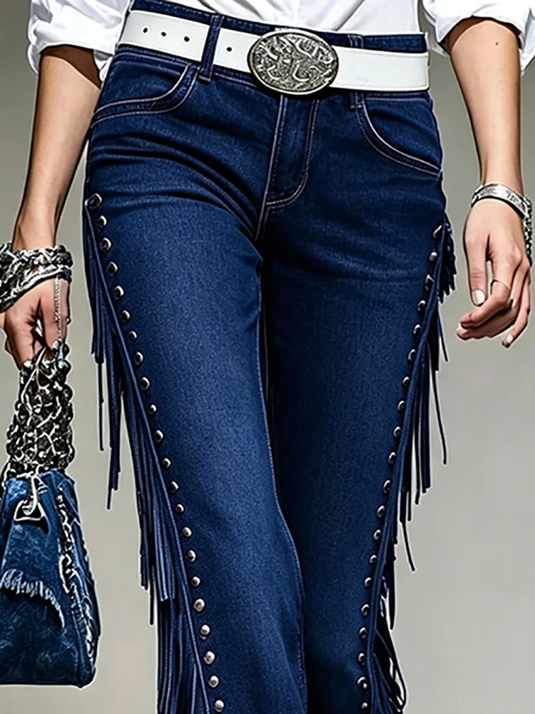 Women's High Waist Flare Faux Denim Jeans Western Style Fringe Tassel Rivet Stud Decor Denim Bell‑Bottom Pants Country Trousers