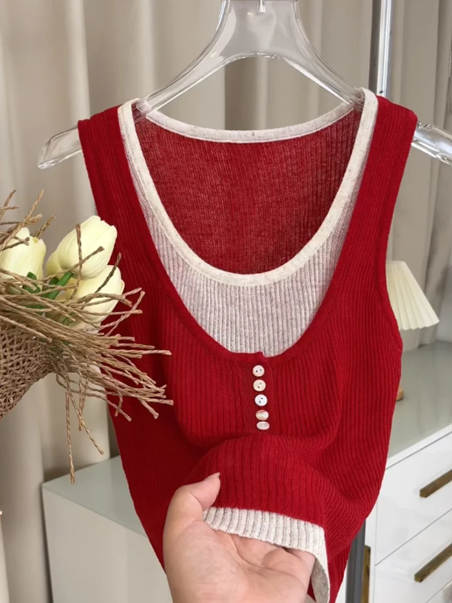 

Красный дизайнерский женский летний жилет с контрастными цветами и уникальными бретелями, вязаный топ в стиле Spicy Girl