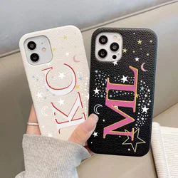 Personalised Initial letters Pebble Grain Leather Case for iphone 12 14 13 15 16 17 Pro Max 17pro Air 16 Plus Cover Moon & Stars