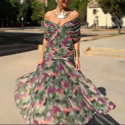 

2026 Spring Summer Women Dress Chiffon Floral Print Off Shoulder Evening Gown Dresses