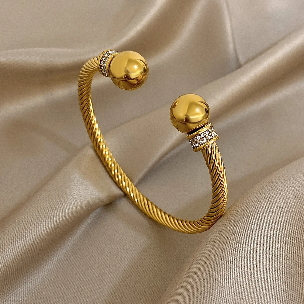 

Trendy Stainless Steel Round Bead Cuff Bracelet for Women Simple Waterproof Gold Color Open Bangle 2025 Party Jewelry Gift