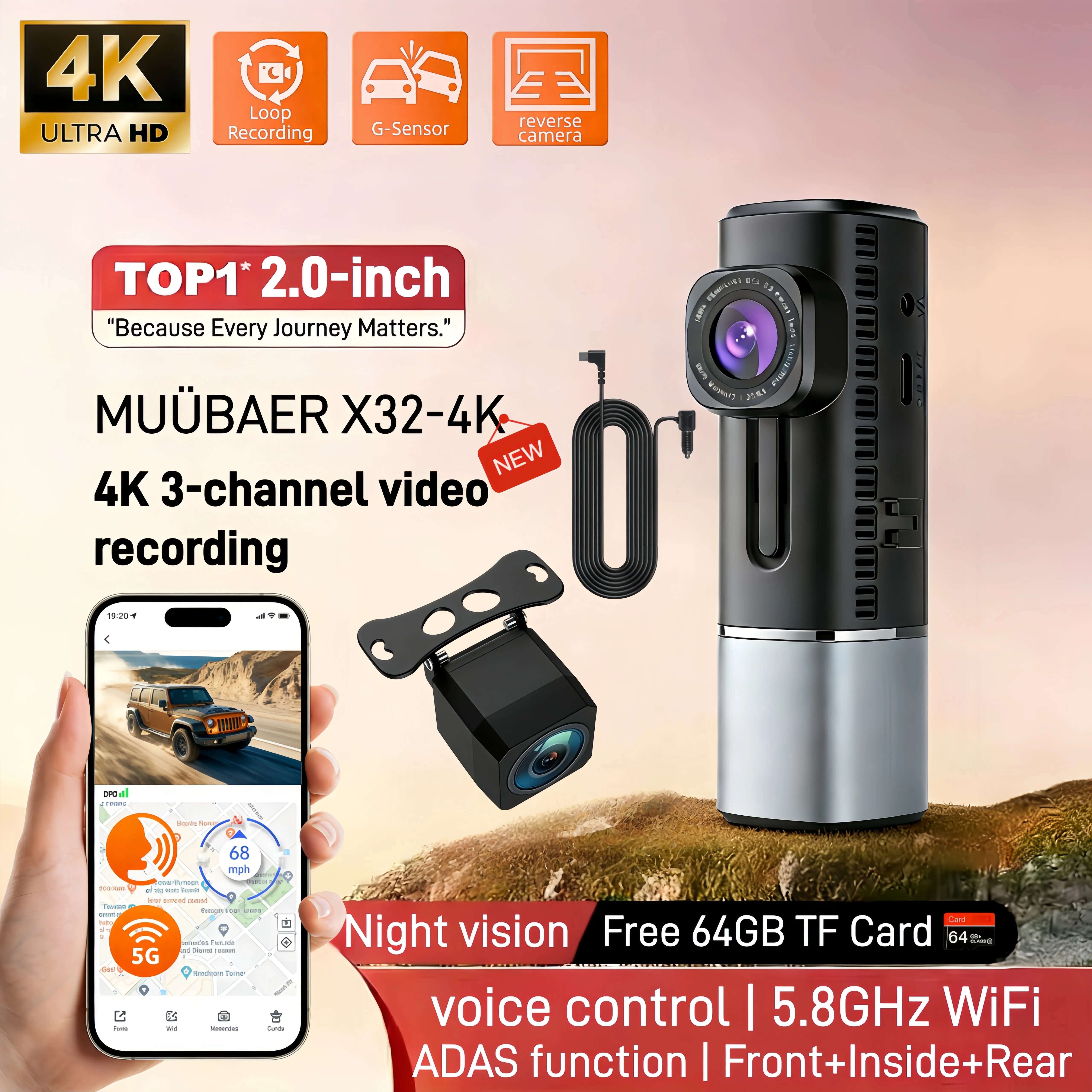 

Видеорегистратор 4K Ultra HD с 3 каналами, управлением через Wi-Fi и приложение, голосовым управлением, функцией ADAS, ночным видением в ИК-диапазоне, G-сенсором, разъемом TYPE-C, бесплатной картой памяти 64 ГБ