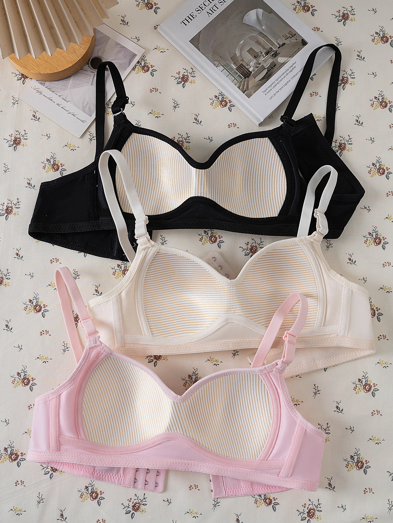 3-piece solid color teenage bra, wireless, adjustable shoulder straps, triple-row back closure, soft underwear, puberty girls' c