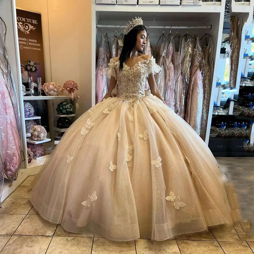 

Msikoods блестящие платья цвета шампанского для Quinceanera с коротким рукавом с бантом бабочками Бальные платья 2023 бальное платье для выпускного вечера