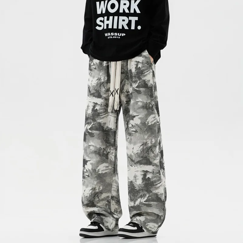 

Spring and Autumn Men's Elastic High Waisted Drawstring Pockets Tie Dye Print Contrast Color Loose Wide Leg Sports Casual Pants