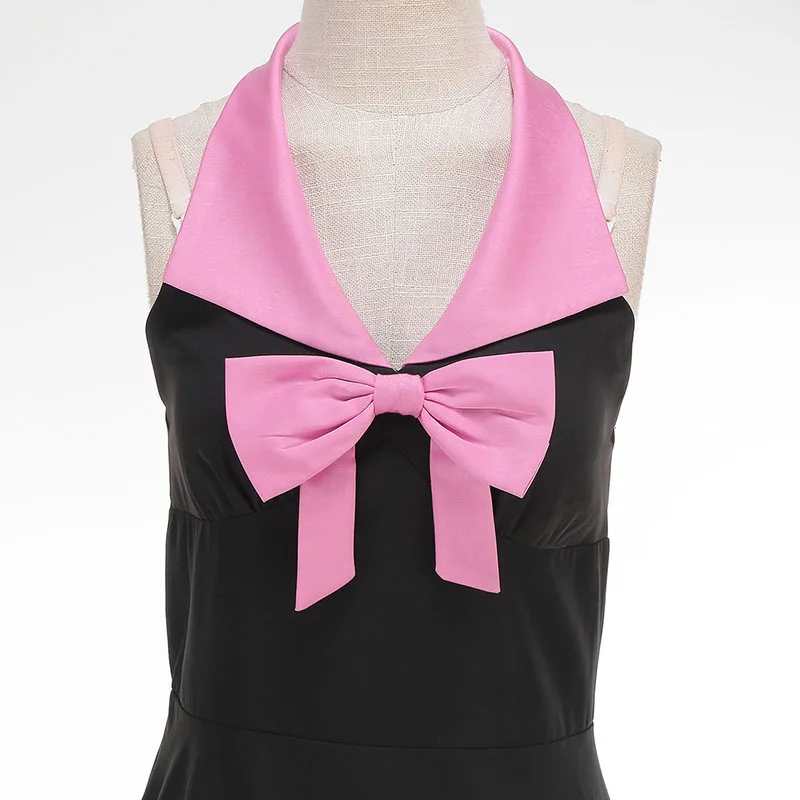 Black Backless Halter Party Dress for Women Summer Slim Swing V-Neck Elegant Vacation Style Prom Gown with Bow Vintage Fashion