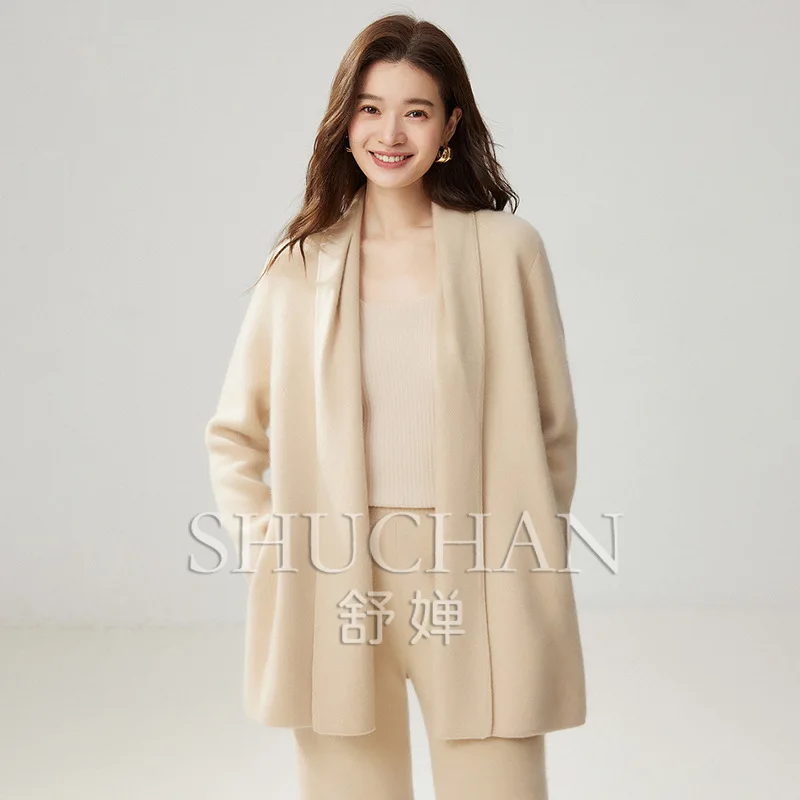 2026 Autumn and Winter New 830g Women's Clothing Loose Lazy Style Coat Medium and Long V-neck Thickened Knitted Sweater Coat